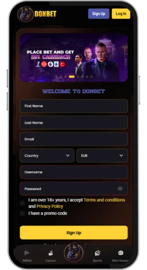 Casino signup form with deposit fields