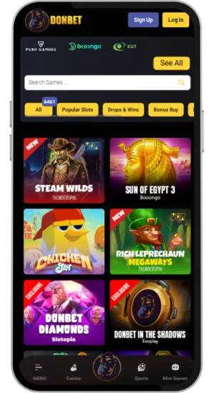 Slot lobby with search bar and game icons