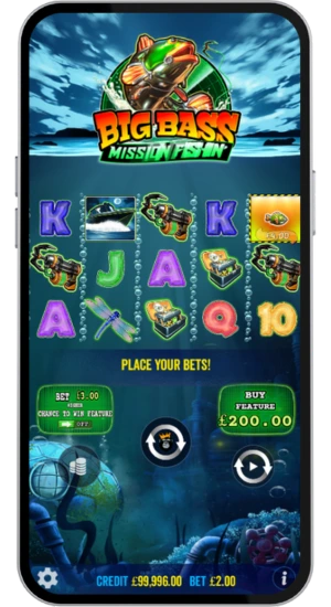Gameplay screen showing active spin on Big Bass Mission Fishin slot