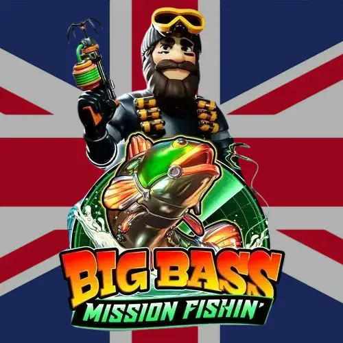 Big Bass Mission Fishin logo with a UK flag as a background